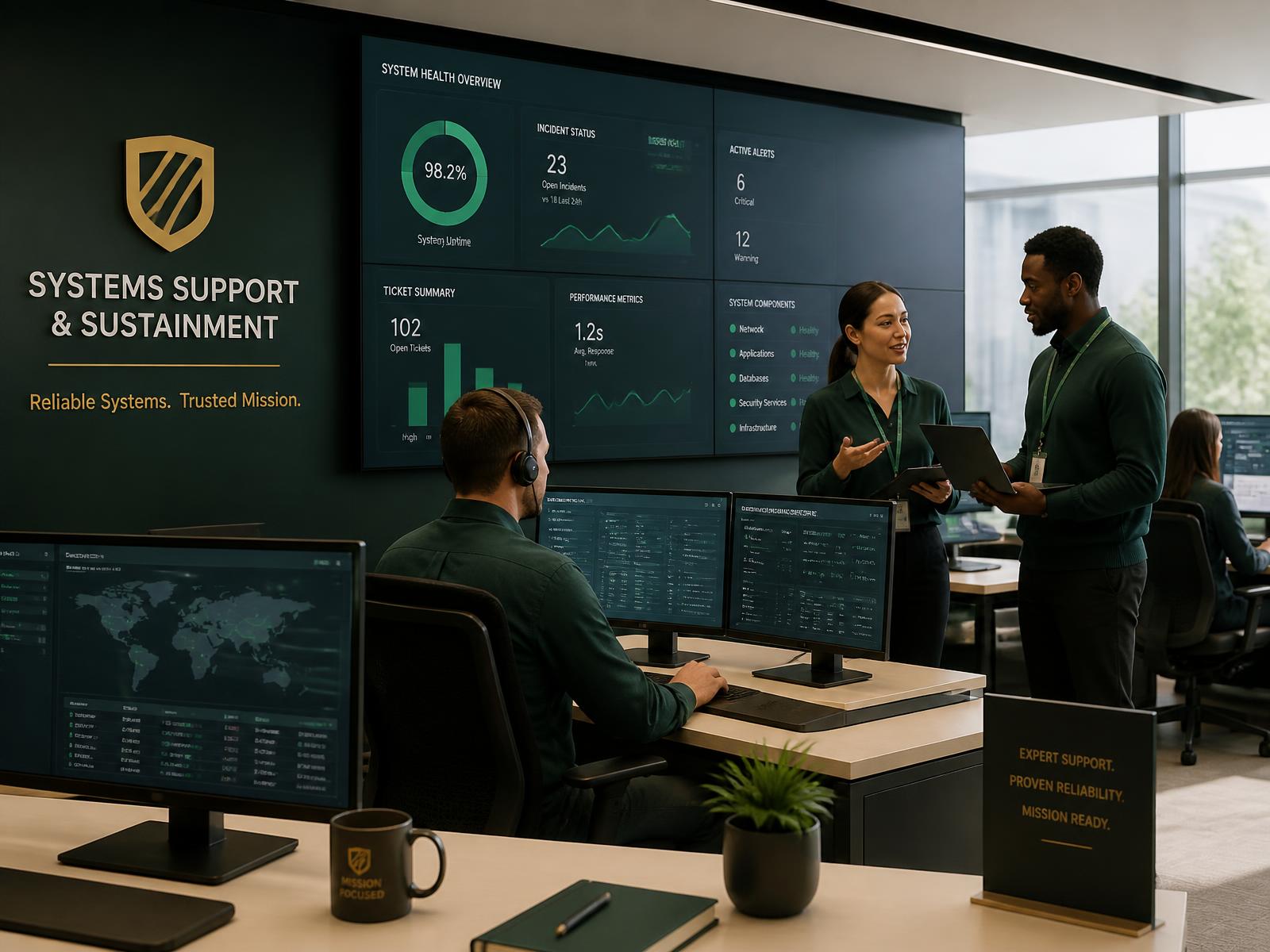 Centro de operações de sustentação de sistemas com painéis de monitoramento e equipe de TI