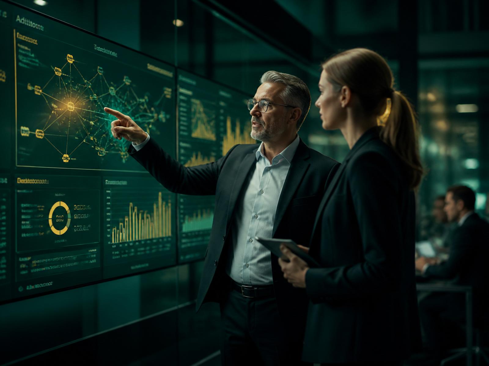 Executivos analisando indicadores, dashboards e conexões de dados em telas digitais