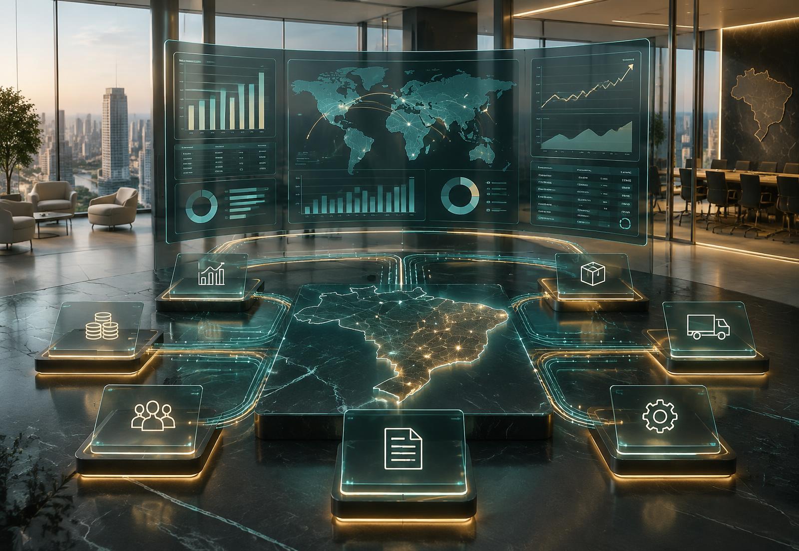 Painéis executivos, módulos de ERP e integrações de sistemas em ambiente corporativo tecnológico